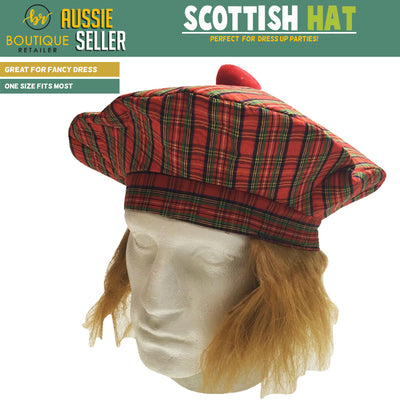 SCOTTISH HAT Tam O'Shanter Fancy Dress Costume with Hair Tartan Cap Party