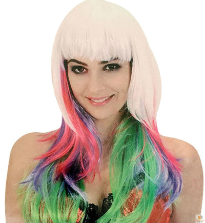 Womens RAINBOW Multi Coloured Long Straight Wig Costume Party Hair Accessory - White/Rainbow
