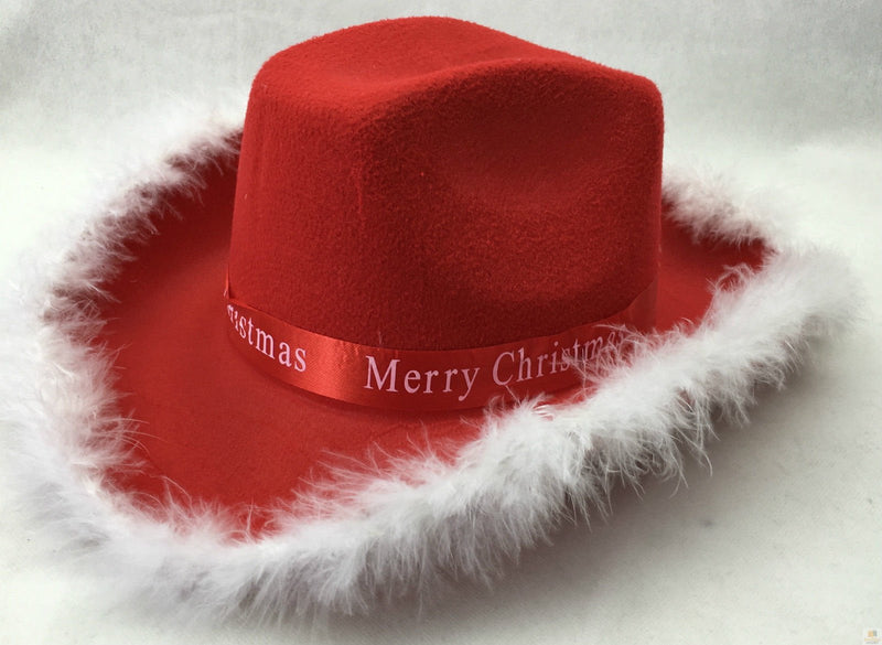 CHRISTMAS HAT Wide Brim Santa Xmas Party Costume Cowboy Fedora Red Fur Cap