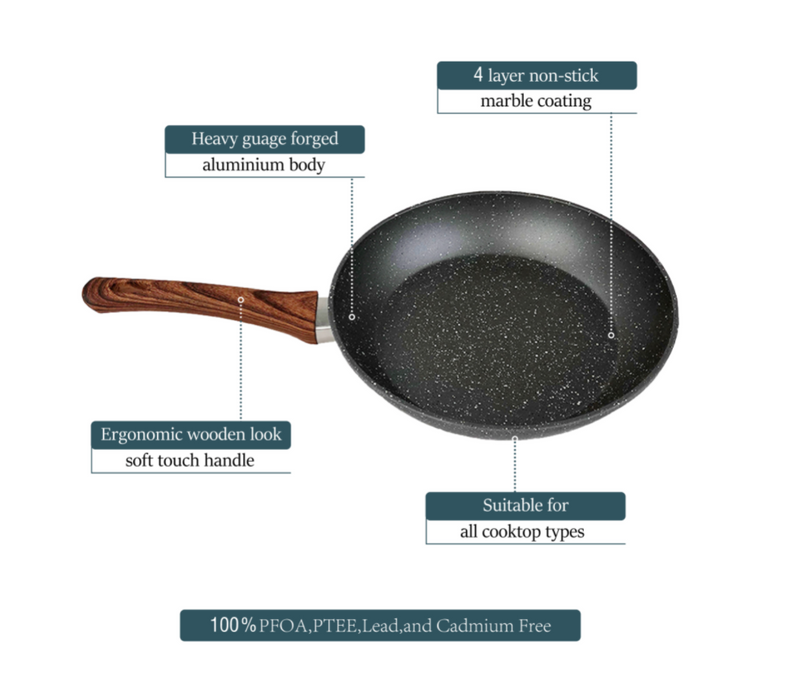 24cm Marble Stone Ceramic Coat PFOA Free Non-Stick Frypan w/ Wooden Look Handle