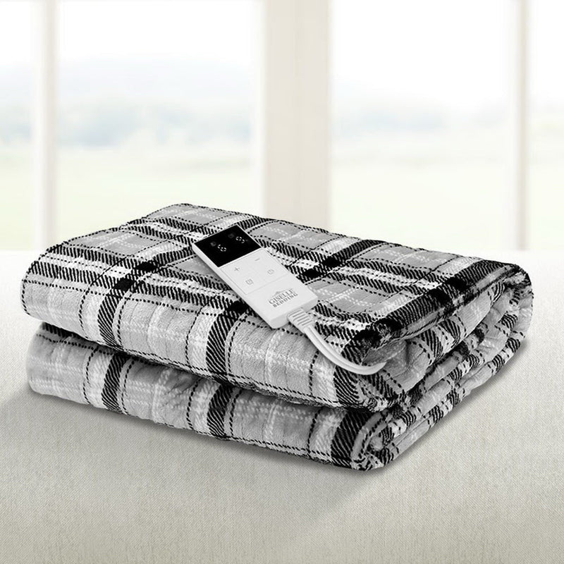 Giselle Bedding Electric Throw Rug Flannel Snuggle Blanket Washable Heated Grey and White Checkered