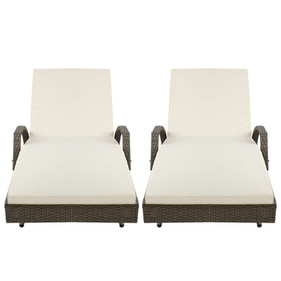 Gardeon 2PC Sun Lounge Wicker Lounger Outdoor Furniture Beach Chair Adjustable Cushion Grey&Beige