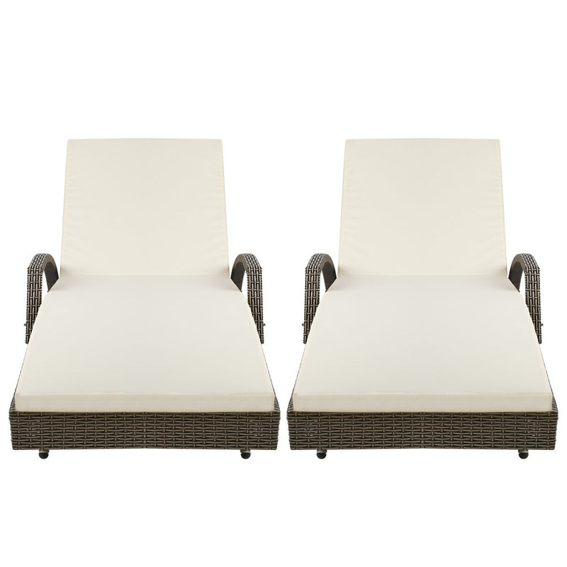 Gardeon 2PC Sun Lounge Wicker Lounger Outdoor Furniture Beach Chair Adjustable Cushion Grey&Beige