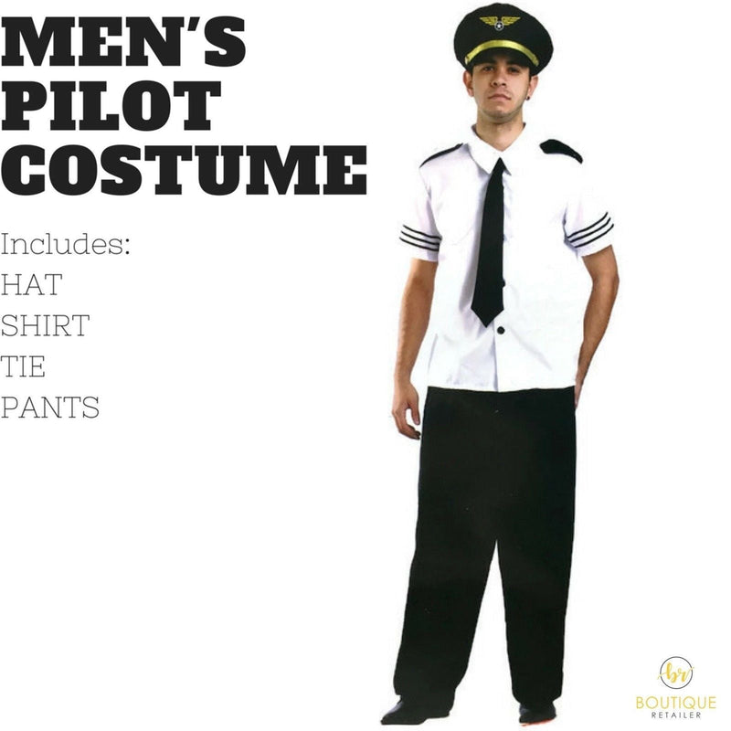 Mens PILOT COSTUME Airline Captain Party Fancy Dress Halloween  Adults