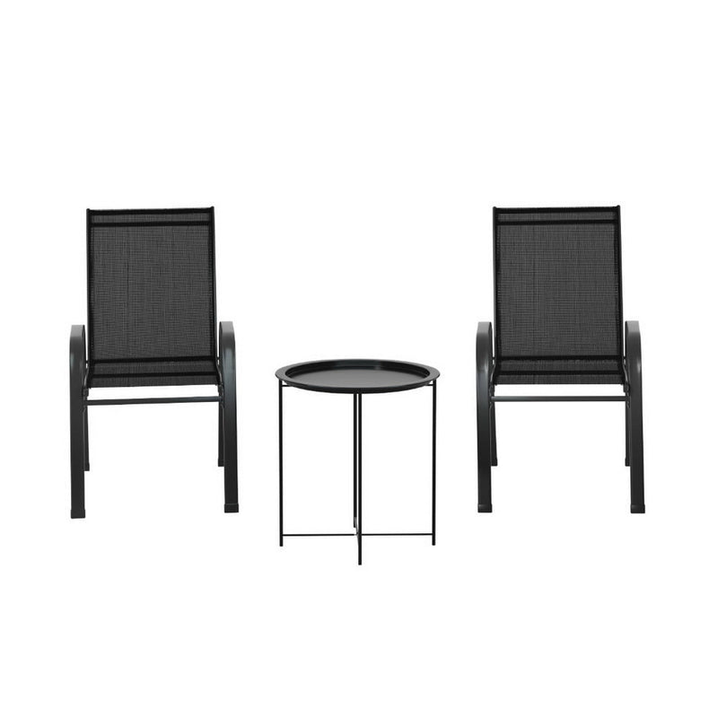 Gardeon 3PC Outdoor Bistro Set Patio Furniture Table and Chairs Stackable Black