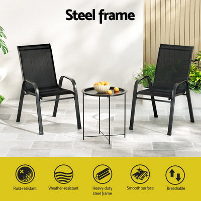 Gardeon 3PC Outdoor Bistro Set Patio Furniture Table and Chairs Stackable Black