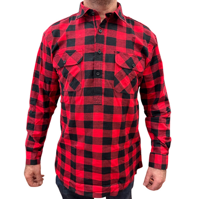 Mens Flannelette Long Sleeve Pullover Shirt 100% Cotton Flannel - Half Placket - Red/Black