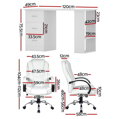 Artiss Computer Desk 120cm Executive Office Chair Set PU Leather High Back White