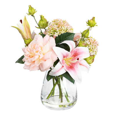 28cm Peony & Lily Arrangement in Glass Vase Faux Artificial Flowers Bunch Fake Floral