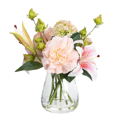 28cm Peony & Lily Arrangement in Glass Vase Faux Artificial Flowers Bunch Fake Floral