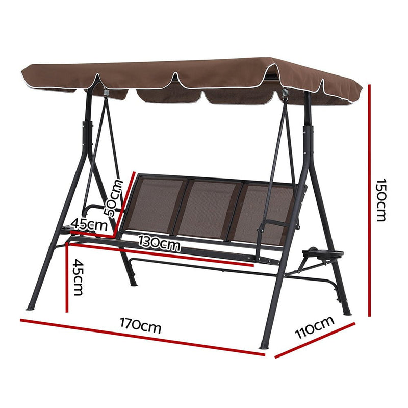 Gardeon 3 Seater Outdoor Swing Chair Cup Holder Canopy Brown