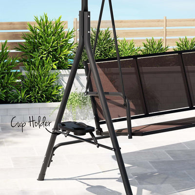 Gardeon 3 Seater Outdoor Swing Chair Cup Holder Canopy Brown