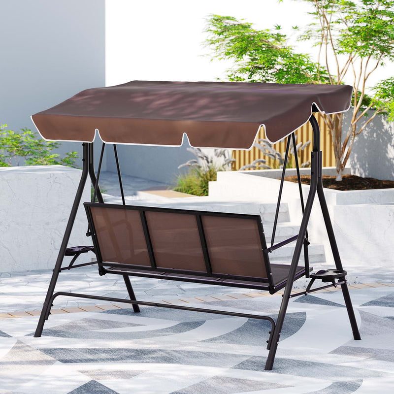 Gardeon 3 Seater Outdoor Swing Chair Cup Holder Canopy Brown