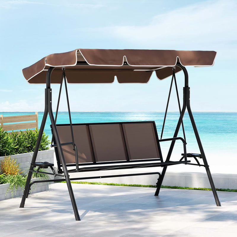 Gardeon 3 Seater Outdoor Swing Chair Cup Holder Canopy Brown