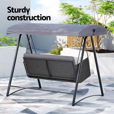 Gardeon Rattan Swing Chair with Canopy Outdoor Garden Bench 3 Seater Grey