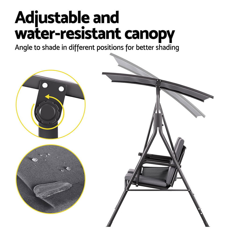 Gardeon Outdoor Swing Chair Garden Chair Canopy Cup Holder 2 Seater Grey