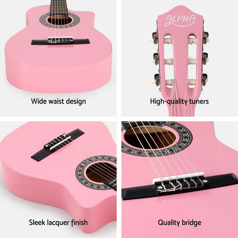 Alpha 34 Inch Classical Guitar Wooden Body Nylon String Beginner Kids Gift Pink