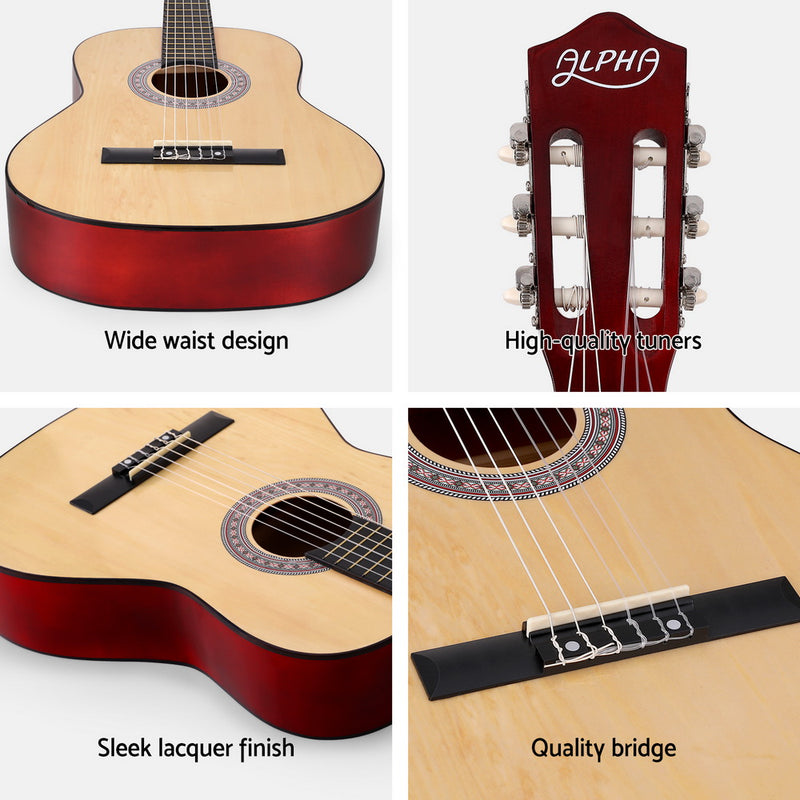 Alpha 39 Inch Classical Guitar Wooden Body Nylon String Beginner Gift Natural