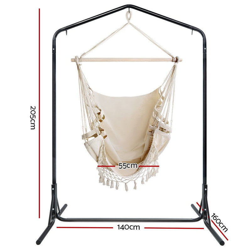 Gardeon Outdoor Hammock Chair with Stand Tassel Hanging Rope Hammocks Cream