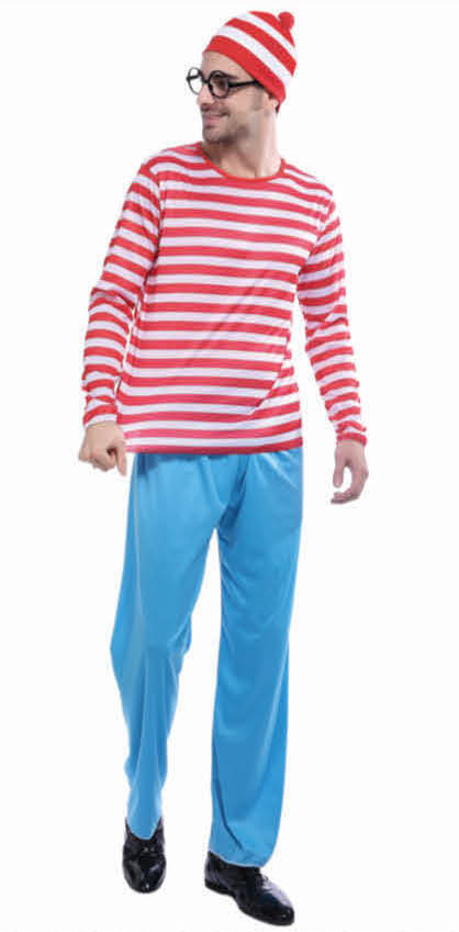 Mens Wheres Wally COSTUME FULL SET Party Hat Shirt Top Pants Book Week