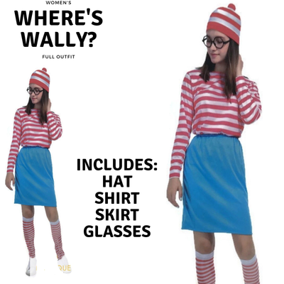 Womens Wheres Wally COSTUME FULL SET Party Hat Shirt Top Pants Ladies Book Week