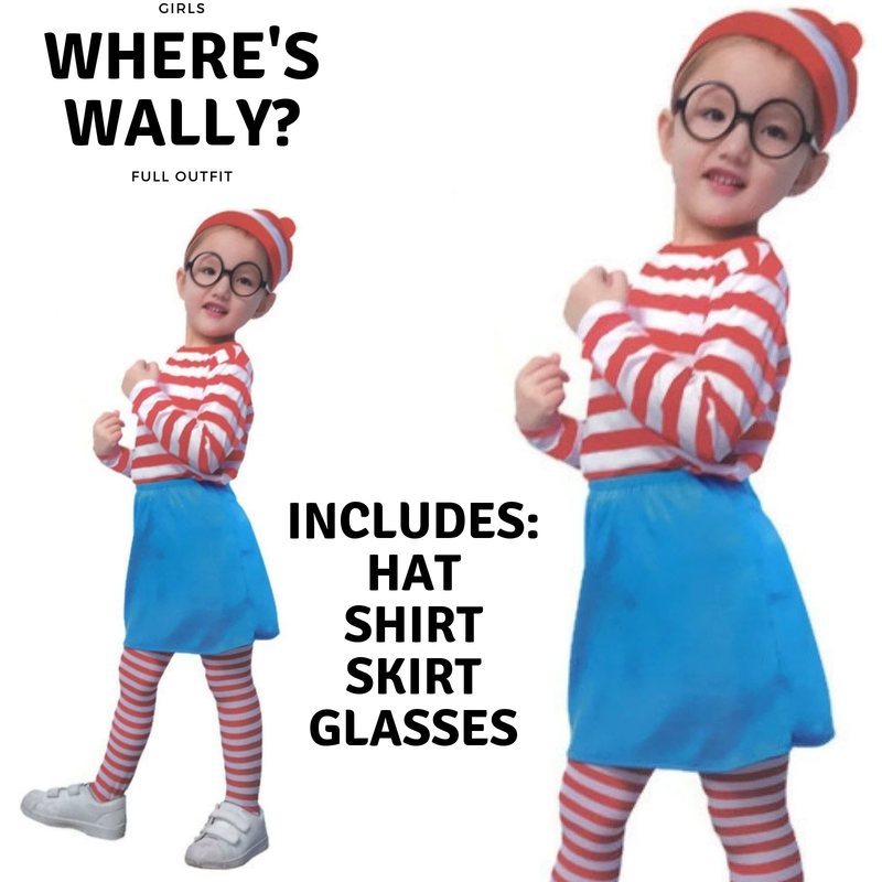 Kids Wheres Wally COSTUME FULL SET Party Hat Shirt Top Pants Girls Book Week