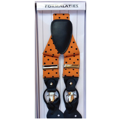 Mens Premium Convertible Suspenders Braces Clip On Elastic Y-Back Traditional Leather Tab - Polka Orange/Black