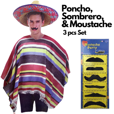 3pc Set Mens Mexican Poncho + Sombrero + Moustache Spanish Cowboy Costume Party