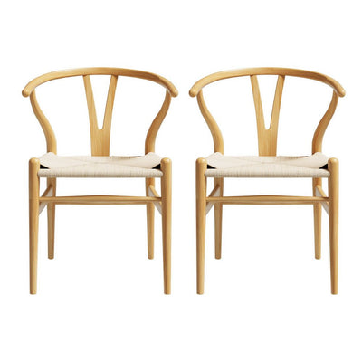 1 Set of 2 Artiss Dining Chairs Wooden Rattan Seat Wishbone Back