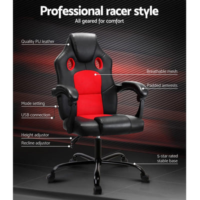 Artiss Massage Office Chair Gaming Computer Seat Recliner Racer Red