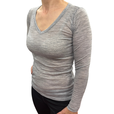 Merino Skins Verona Womens V-Neck Long Sleeve Thermal Underwear Soft Grey Marle