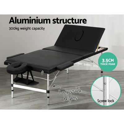 Zenses Massage Table 85cm Portable 3 Fold Aluminium Beauty Bed Black