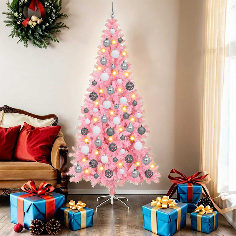 Artificial Christmas Tree LEDs & Ball Set Pink 180 cm PVC