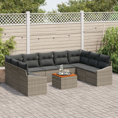 10 Piece Garden Sofa Set with Cushions Grey Poly Rattan Acacia