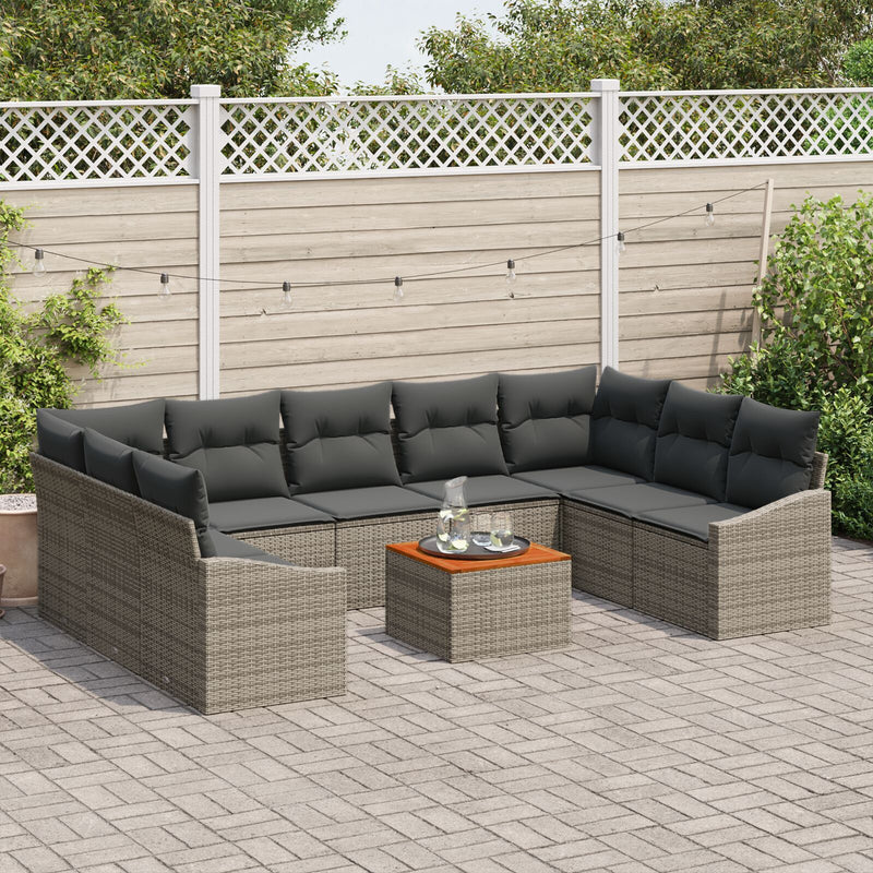 10 Piece Garden Sofa Set with Cushions Grey Poly Rattan Acacia