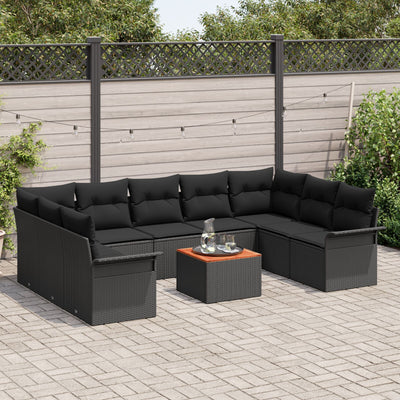 10 Piece Garden Sofa Set with Cushions Black Poly Rattan Acacia