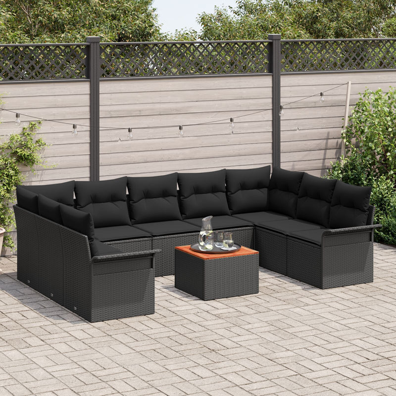 10 Piece Garden Sofa Set with Cushions Black Poly Rattan Acacia