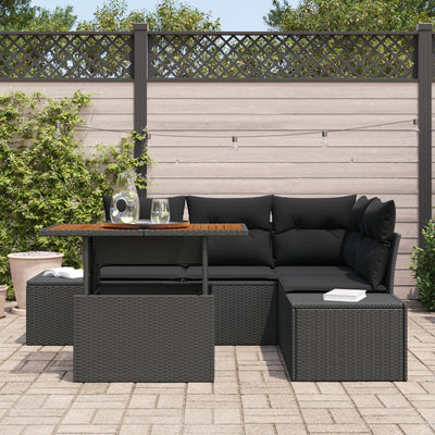 5 Piece Garden Sofa Set with Cushions Black Poly Rattan