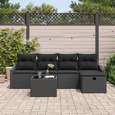 6 Piece Garden Sofa Set with Cushions Black Poly Rattan