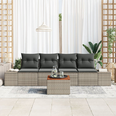 5 Piece Garden Sofa Set with Cushions Grey Poly Rattan Acacia