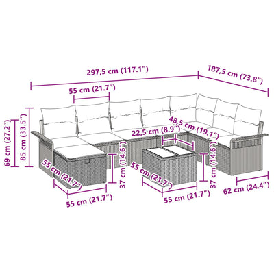 9 Piece Garden Sofa Set with Cushions Grey Poly Rattan