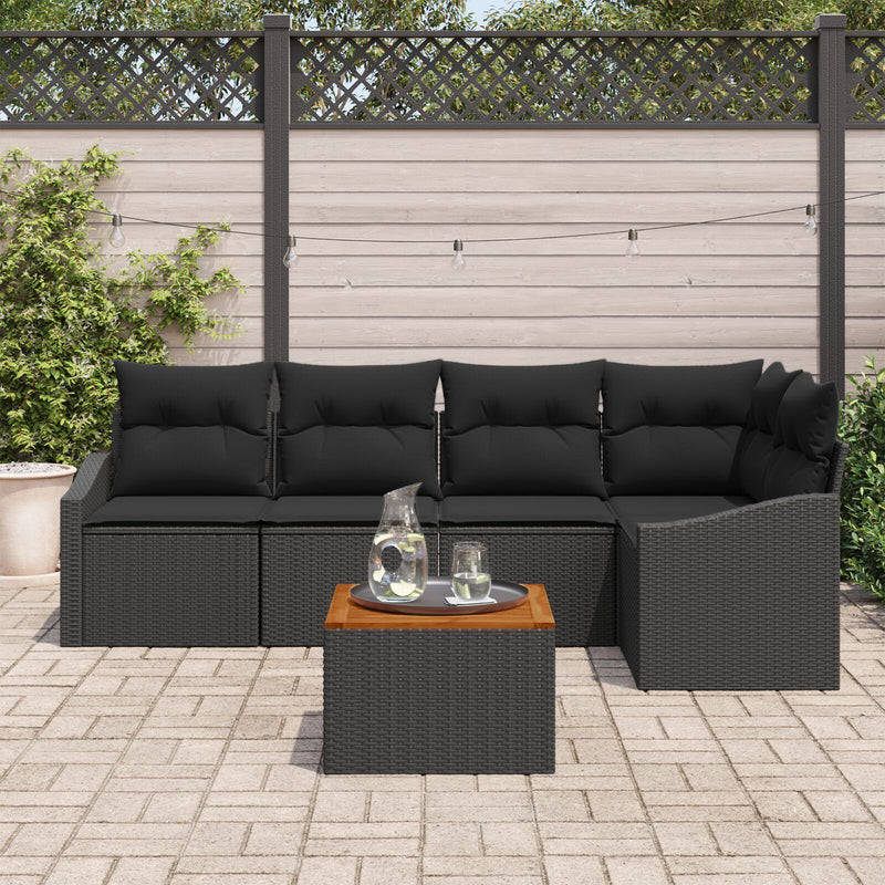 6 Piece Garden Sofa Set with Cushions Black Poly Rattan Acacia