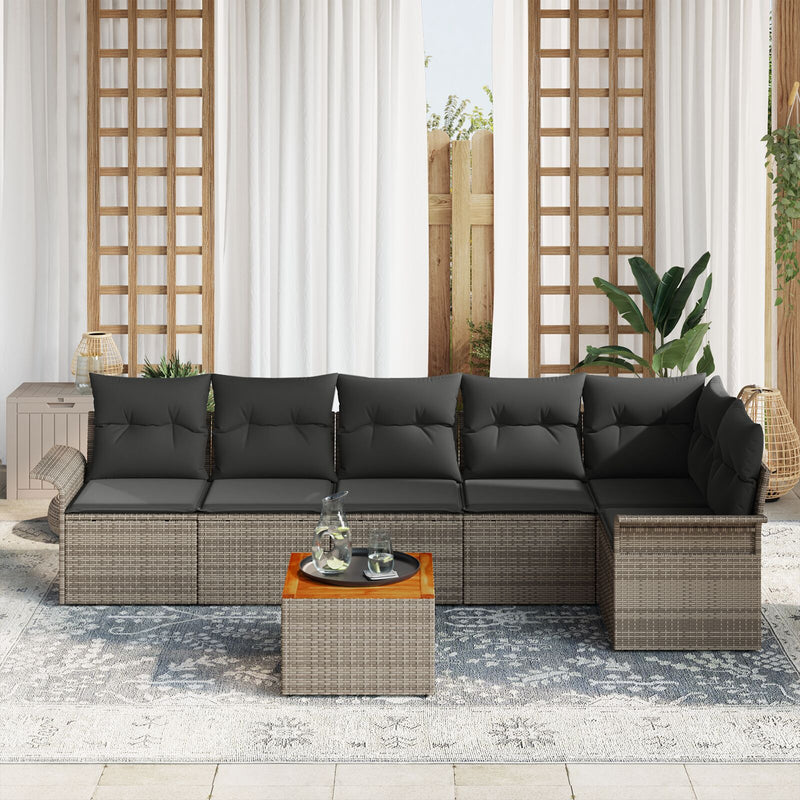 7 Piece Garden Sofa Set with Cushions Grey Poly Rattan Acacia