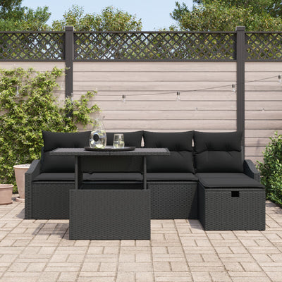6 Piece Garden Sofa Set with Cushions Black Poly Rattan