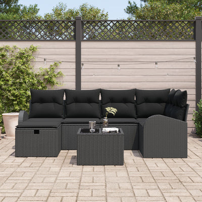 7 Piece Garden Sofa Set with Cushions Black Poly Rattan