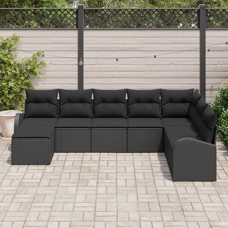 8 Piece Garden Sofa Set with Cushions Black Poly Rattan