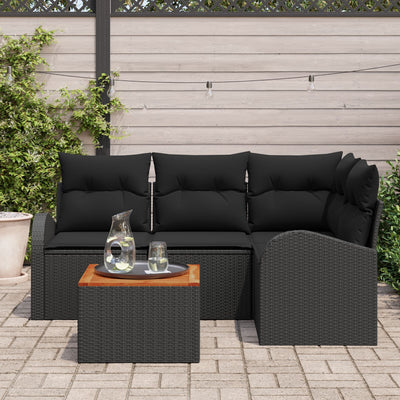 5 Piece Garden Sofa Set with Cushions Black Poly Rattan Acacia