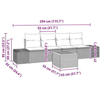 5 Piece Garden Sofa Set with Cushions Grey Poly Rattan Acacia
