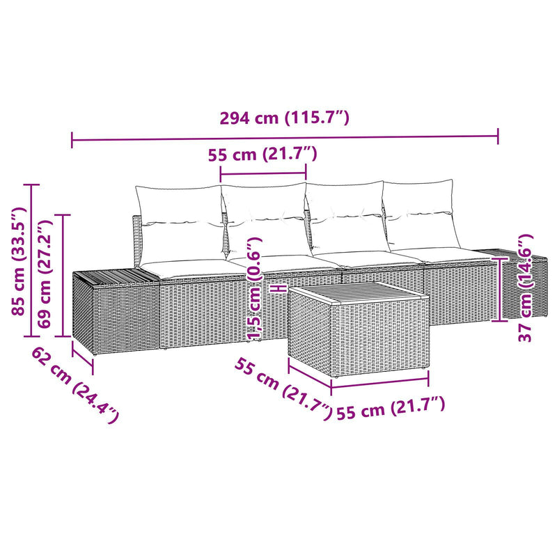 5 Piece Garden Sofa Set with Cushions Grey Poly Rattan Acacia