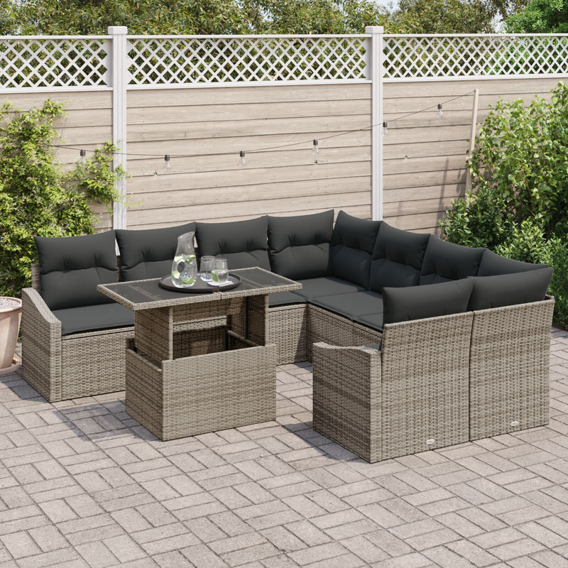 9 Piece Garden Sofa Set with Cushions Grey Poly Rattan